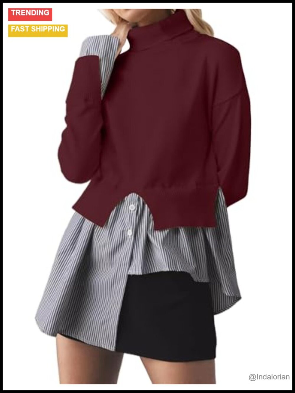 Women's Slit Turtleneck Patchwork Sweater 2 in 1 Buttons Down Pullover Knit